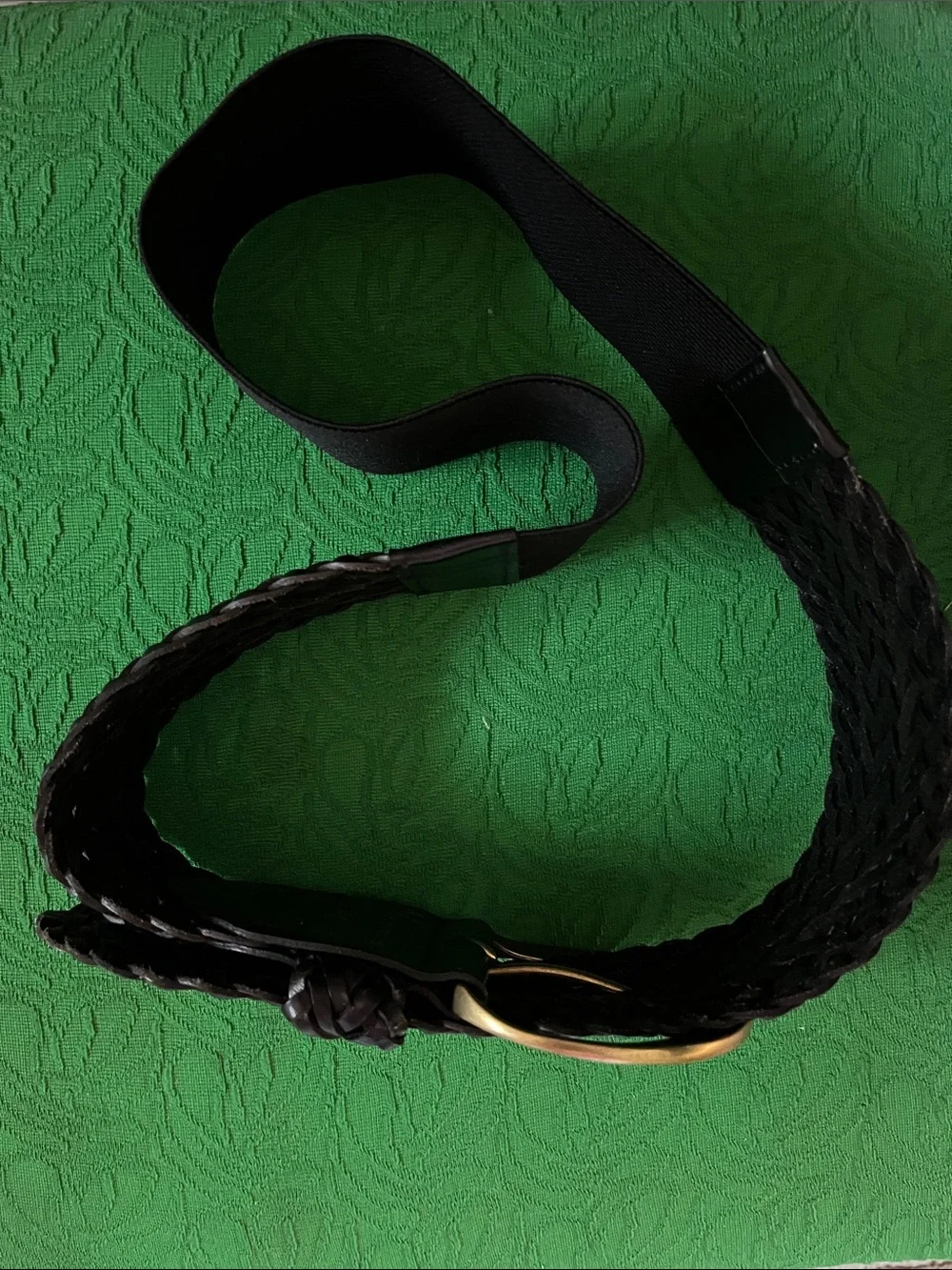 Anthropology Wide Black Braided Elastic Belt with Gold Round Buckle
